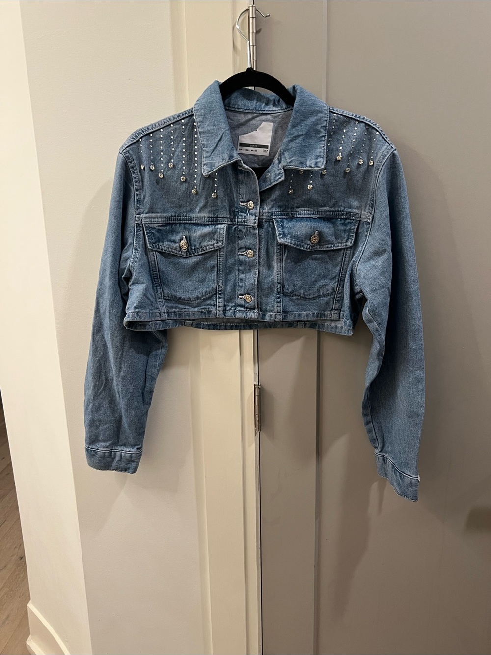 Cropped Light Blue Denim Jacket with Stud Detail